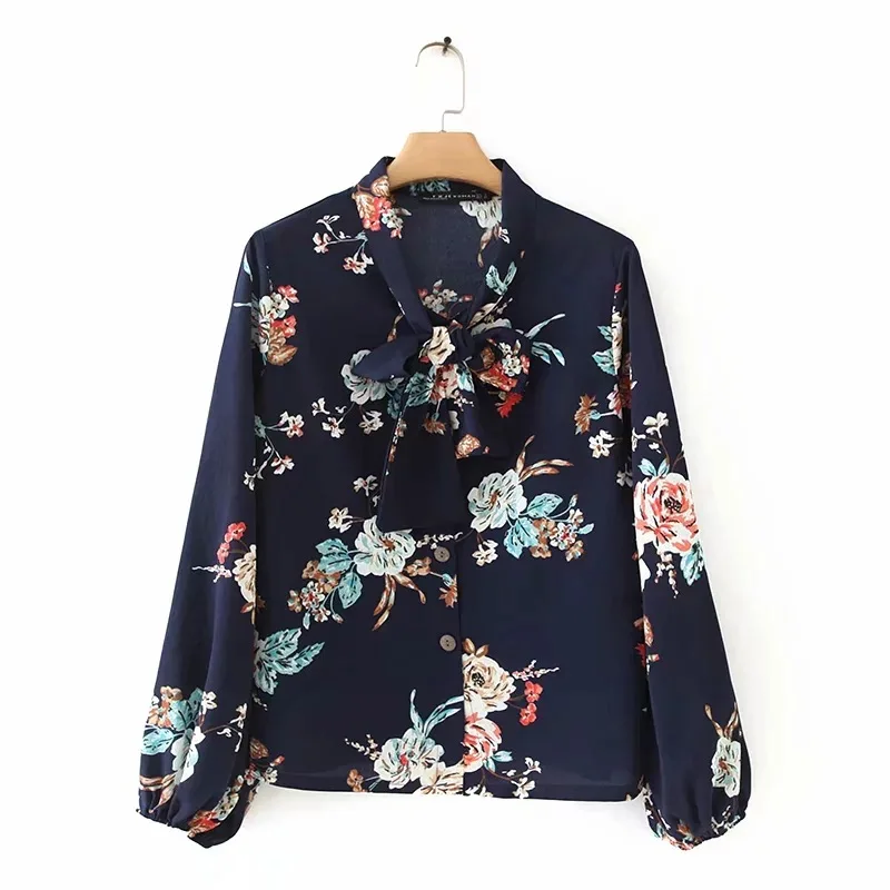 Женская винтажная шифоновая блузка с цветочным принтом и бантом на воротнике