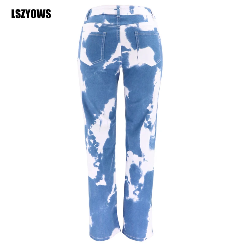 

High Waist Women Straight Jeans Vintage Fashion Tie Dye Print Casual Denim Pants Long Trousers Streetwear Female 2021 Summer New