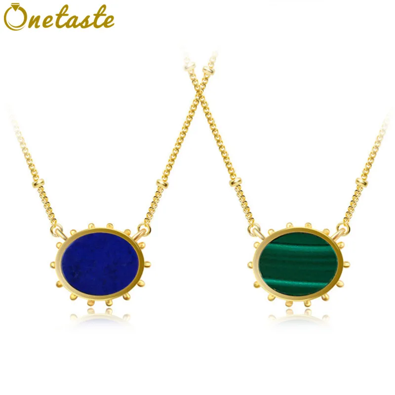 

925 Silver Gold Plated Green Malachite Blue Lapis Lazuli Pendant Necklace For Women Fashion Minimalism Choker Necklaces Girls