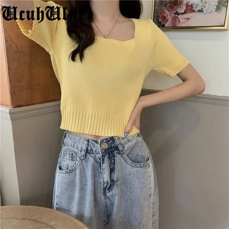 

White Short Sleeve Sweater Knitted T-shirt Women's Casual Bottom Shirt Female Thin Summer 2021 New Harajuku Slim Short Top