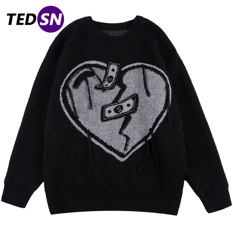 

TEDSN Broken Heart Harajuku Knitted Sweater Men Women Streetwear 2021 Winter Jumper Pullover Oversize Clothes Korean Fashion
