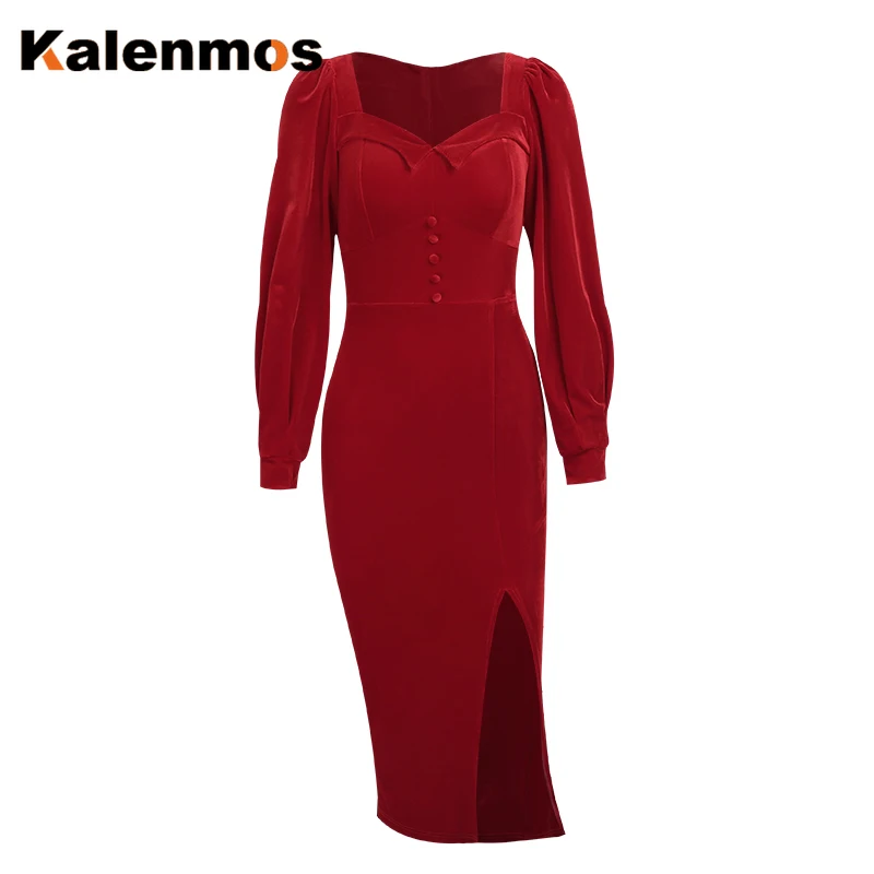 

Dress Women Long Puff Sleeve Spring Autumn Winter Sexy Bodycon Split Elegant Casual Streetwear Korean Japan Bandage Party Dress