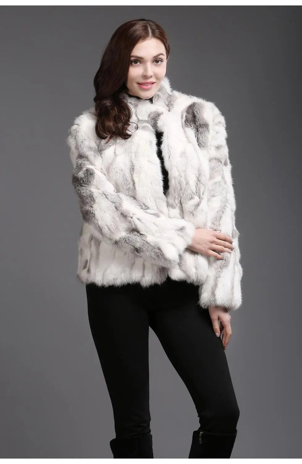Natural Grey Высококачественное пальто из натурального меха, модное пальто из натурального кроличьего меха, элегантная женская зимняя верхняя одежда с воротником-стойкой, куртка из кроличьего меха - Цвет: Natural Grey