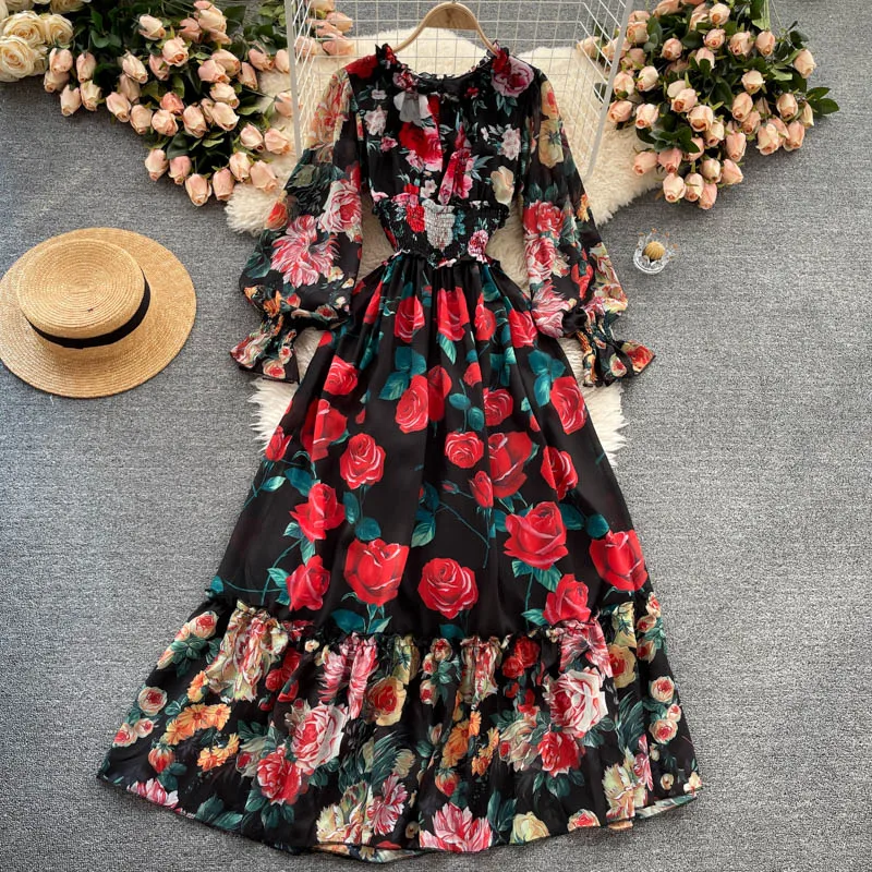 

Amolapha Women Retro Printed Elegant Lantern Sleeve Slim High Waist Big Swing Maxi Dress