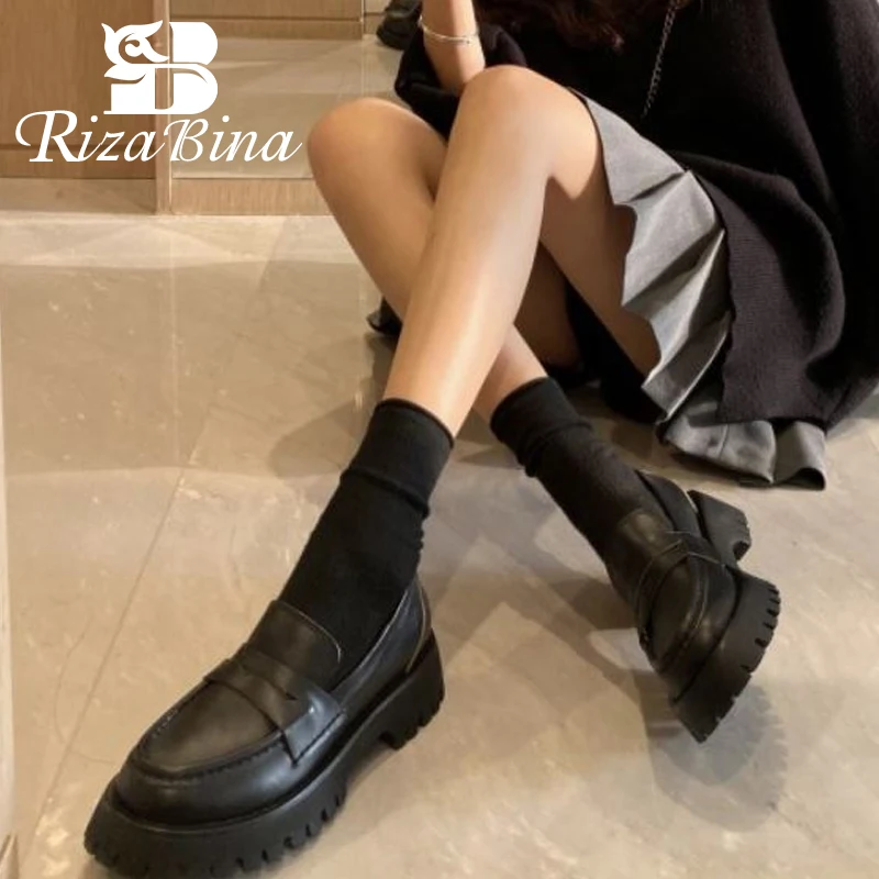 RIZABINA 2021 Ins Женская обувь на плоской подошве Лоферы из натуральной кожи Модные