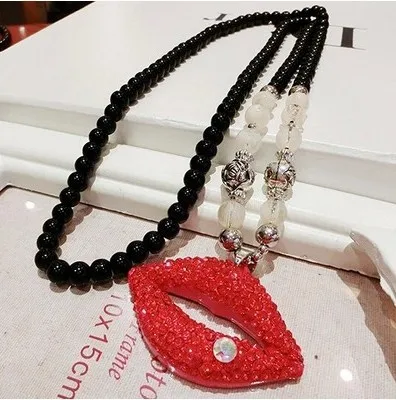 Ожерелье с пуговицами Стразы губы длинное ожерелье женские бусины из бисера женская цепь на свитер розовые