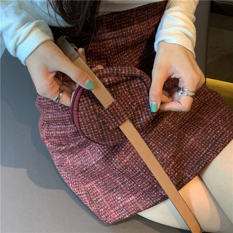 

with Bag Short skirt Female New High Waist A pack-Line Skirt Woolen Lattice Plaid Midi Skirt with Belt Purse Plus Size Clothing