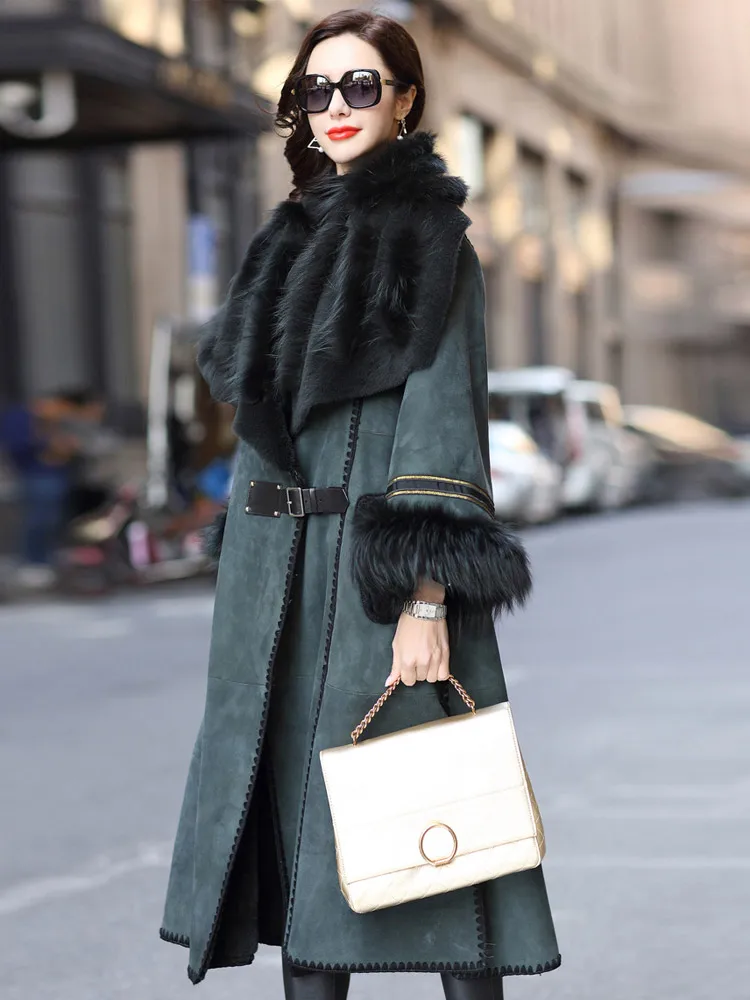 Trendy Unique Sheepskin Shearling Women Long Fox Fur Leather Coat  Jacket Clothes Winter