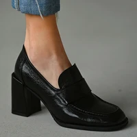 women heels 2021 autumn oxford chunky heel pumps shoes retro square toe slip on new solid color womens loafers black