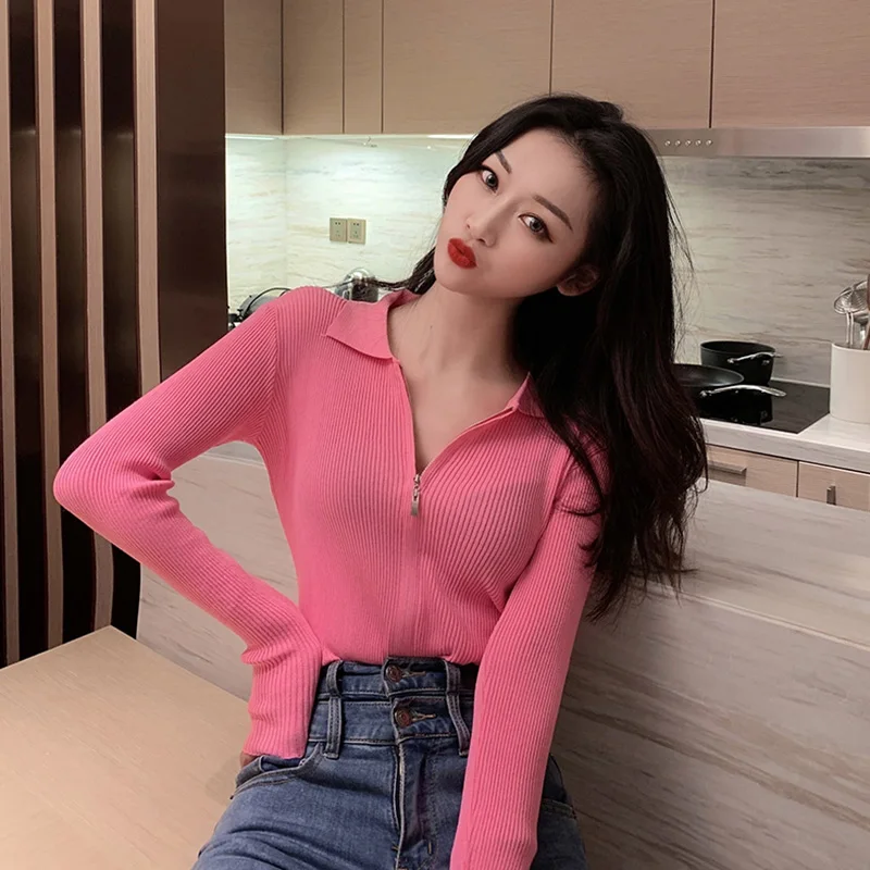 

Кардиганы на молнии, осенне-зимняя одежда, Женская Базовая Модная брендовая Повседневная стильная вязаная кофта, облегающие Женские топы с ...