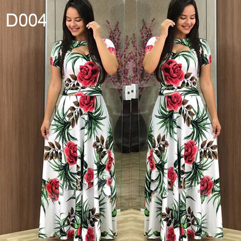 

Elegant Summer Short Sleeve Dress For Women 2021 Casual Fashion Floral Print O-Neck Hollow Out Ankle-Length Loose Female Vestido