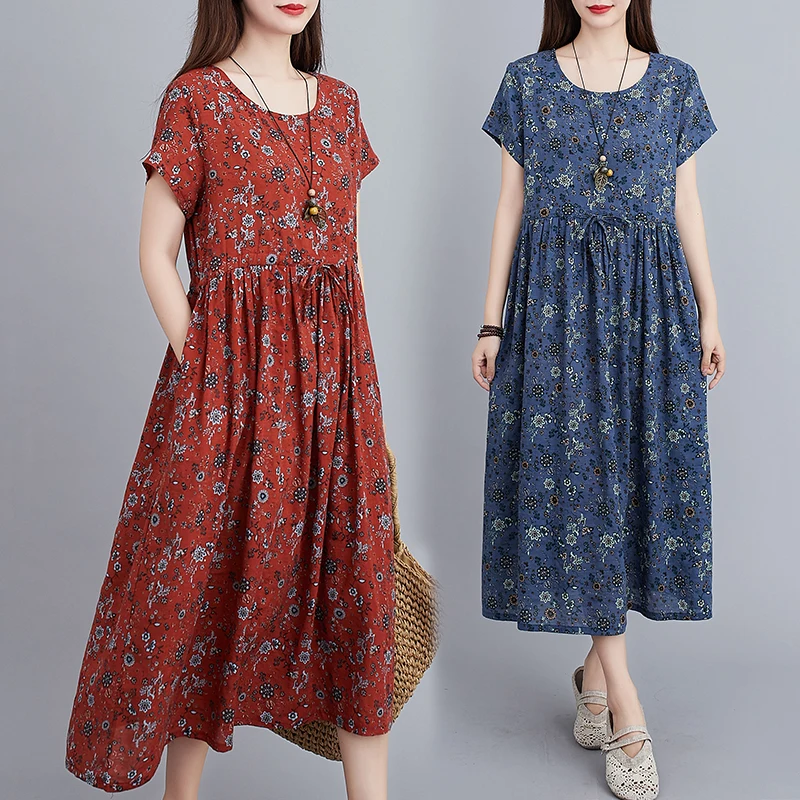 

Платье из хлопка и льна с цветочным принтом и коротким рукавом, летнее художественное приталенное стройнящее платье в стиле ретро со шнуров...