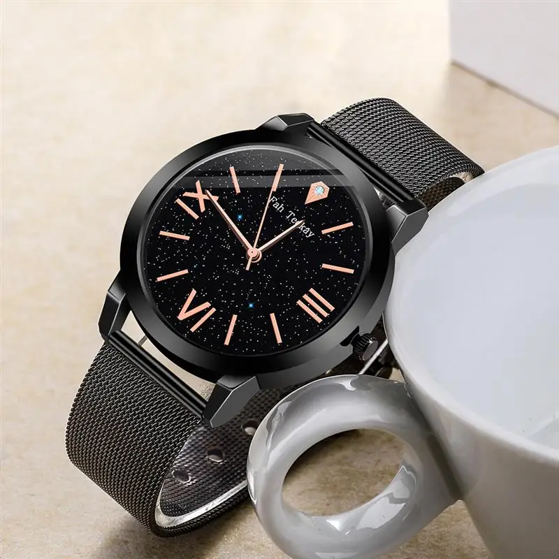 Модные женские черные часы из нержавеющей стали с сетчатым ремешком кварцевые
