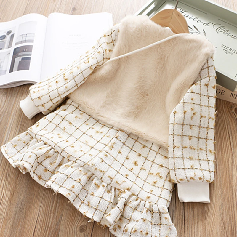 LarLarBoom Fashion Girls Dress Cotton Linen + Lace Vest Bag 3pcs Kids Dresses for Winter Plus Velvet Girl | Детская одежда и обувь