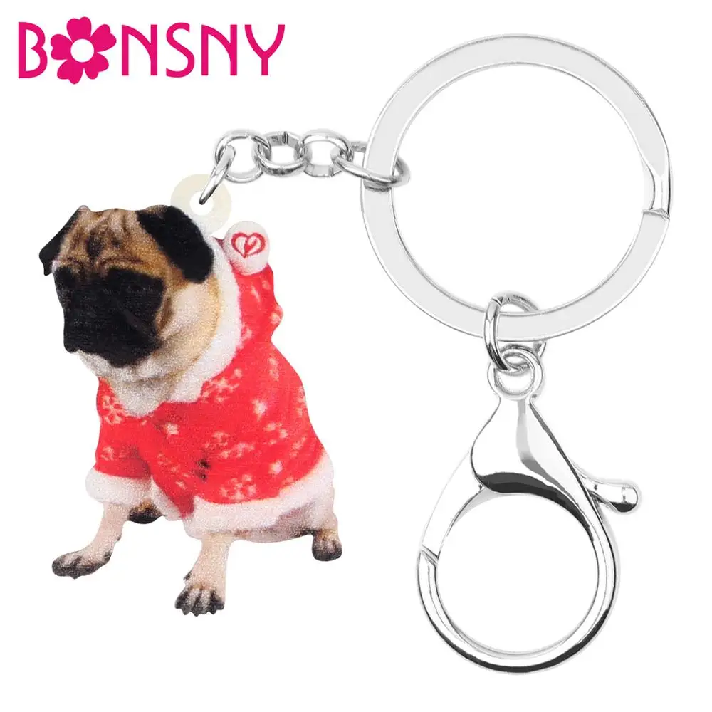 Bonsny акриловый Рождественский костюм брелок для ключей в виде мопса собаки кольца