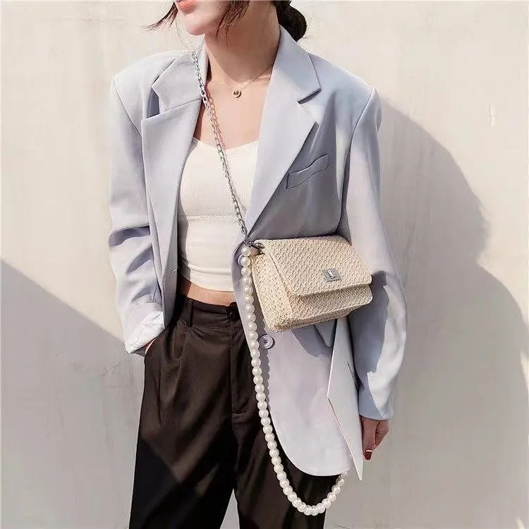

Ladies woven straw bag handmade paper rope woven handbag fashion popular square holiday beach bag new khaki shoulder bag