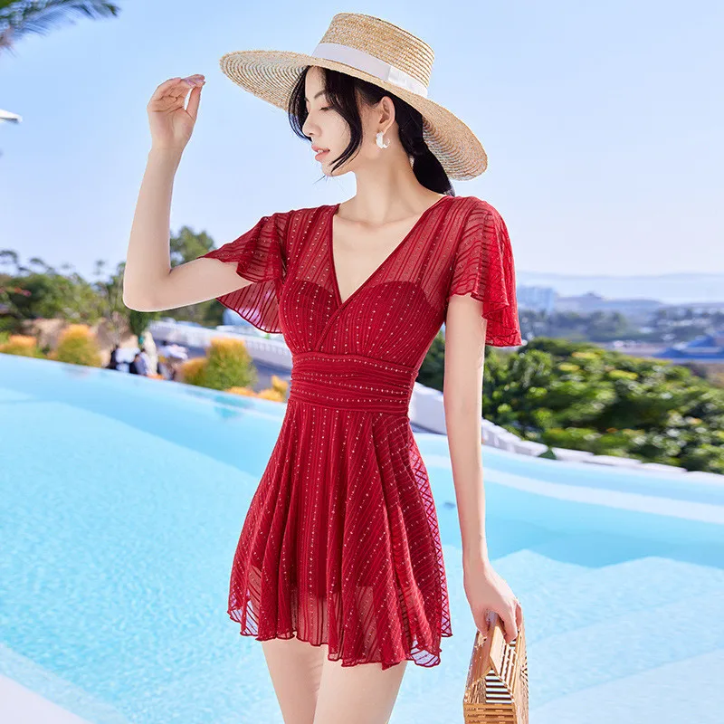 

NODELAY Solid Color Skirt Swimwear Women One Piece Swimsuit Beachwear V-neck Spa Bathing Suits Slim Lace Splicing Swim Suit XXL