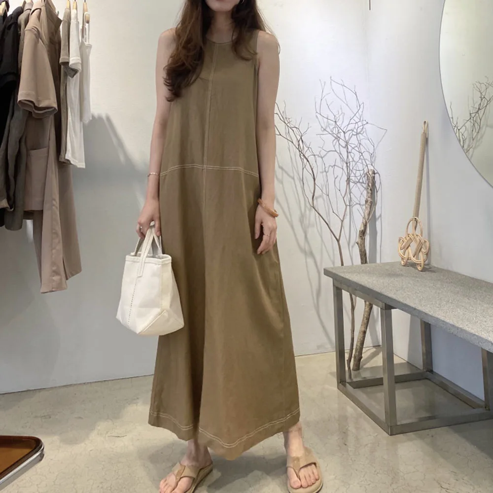 

Korean Fashion Sleeveless Solid Color Round Neck 2021 Summer New Women's Dress Bright Line Loose Casual Simplicity
