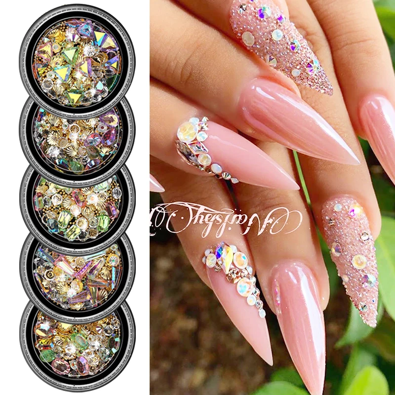 1 коробка Стразы для ногтей золотые розовые металлические бусины на заклепках