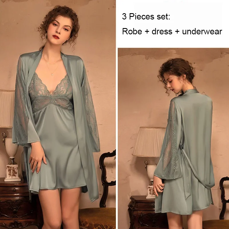 Tulin Модные Шелковые халаты женские пижамные комплекты из 3 предметов ночная