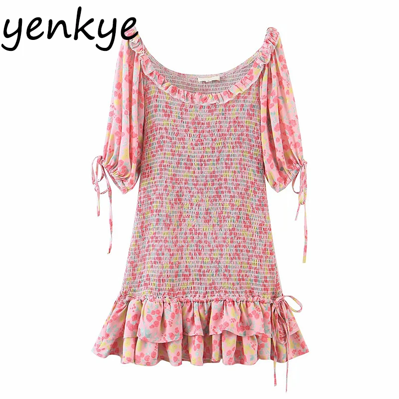 

YENKYE нежно-розового цвета с цветочным принтом платье на резинке Женские фонарь рукав Подол рюшами праздничные вечерние платья Элегантная Да...