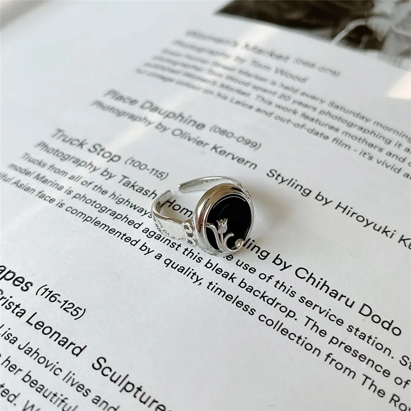 

Vintage Black Rhinestone Rose Flower Ring for Women Girl 925 Sterling Silver Oval Opening Joint Rings Statement Jewelry