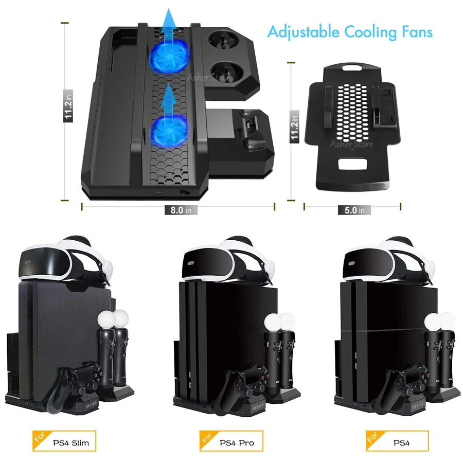 Вертикальная подставка для PS4 Pro Slim PS VR 2 охлаждающих вентилятора 3 контроллера