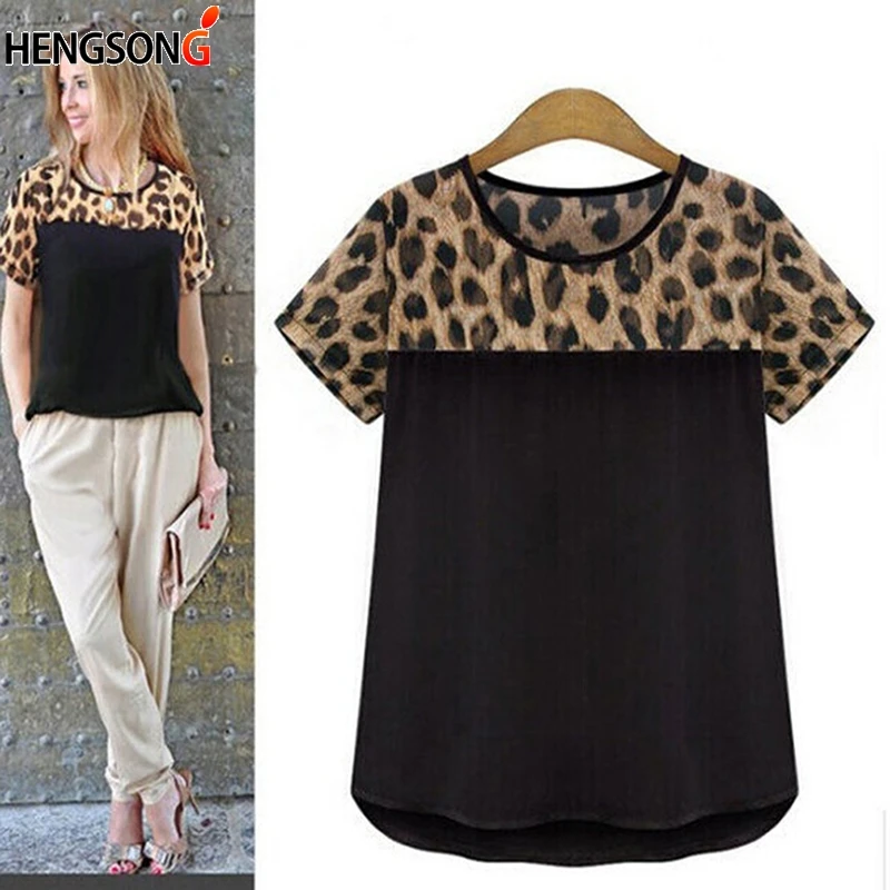 

Fashion New Women Summer T Shirt Leopard Print Patchwork Design Cute Chiffon T-shirt Short Sleeve Top Female Casual Tee Shirt