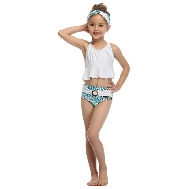 2021 Meihuida 2 Pieces Kids Swimsuits Solid Color U-Neck Sleeveless Tops+ Floral Print Swimming Trunks for Girls White Gilrs | Спорт и