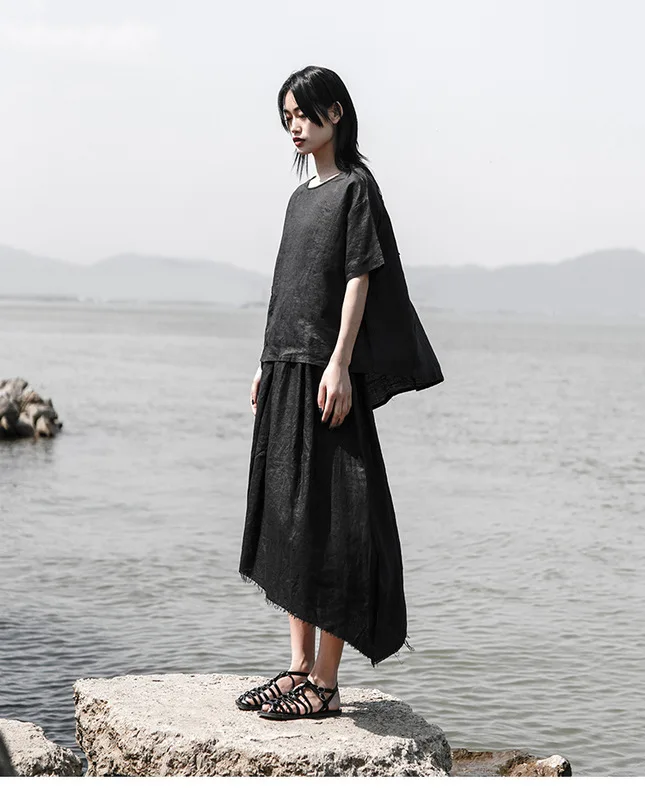 

TVVOVVIN Summer New Fashion Irregular Linen Skirt Simple Solid Color High Waist Raw Edges Women Casual Skirts N7B0