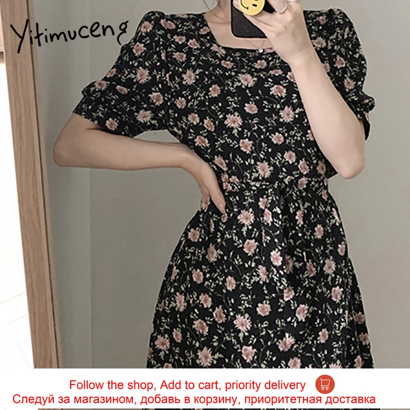 

Yitimuceng Boho Floral Print Dresses for Women Fashion High Waist Lace Up Midi Dress White Black Sundress 2021 Summer Korean New