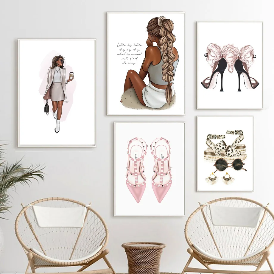 

Fashion Girl Coffee High Heels Wall Art Canvas Painting decoration Nordic Posters And Prints Wall Pictures For Living Room Decor