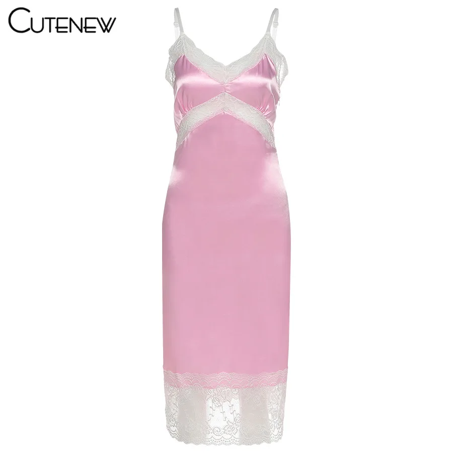 

Cutenew Fashion Lace Patchwork Sexy Sling Slim Dresses Women Summer Sleeveless V-Neck Clothing Ladies Vacation Casual Long Dress