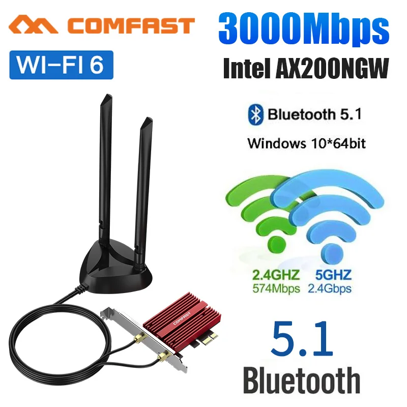 

3000Mbps Dual Band Wireless Desktop PCIe For Intel AX200 Plus Card 802.11ax 2.4G/5Ghz Bluetooth 5.1 PCI Express WiFi 6 Adapter