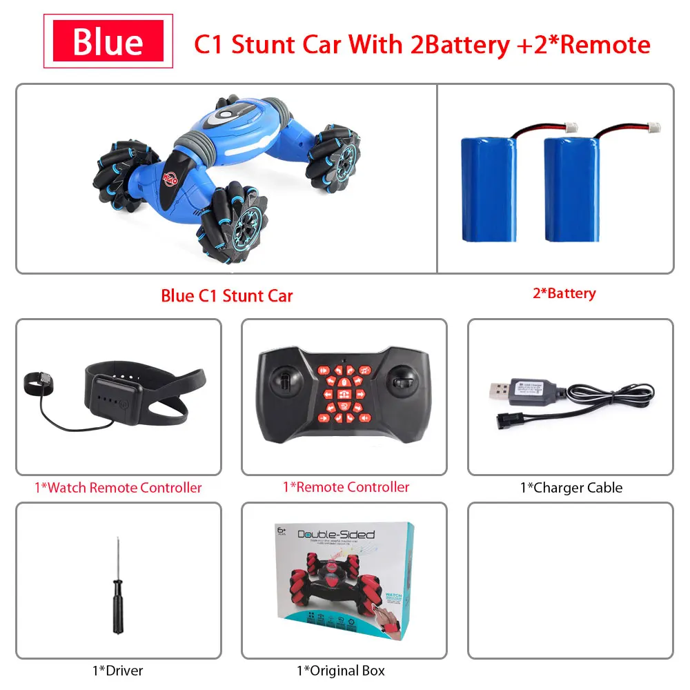 BLUE 2Remote 2B Remote Control Stunt Car Gesture Induction Twisting Off-Road Vehicle Light Music Drift Dancing Side Driving RC Toy Gift for Kids - Color: BLUE 2Remote 2B
