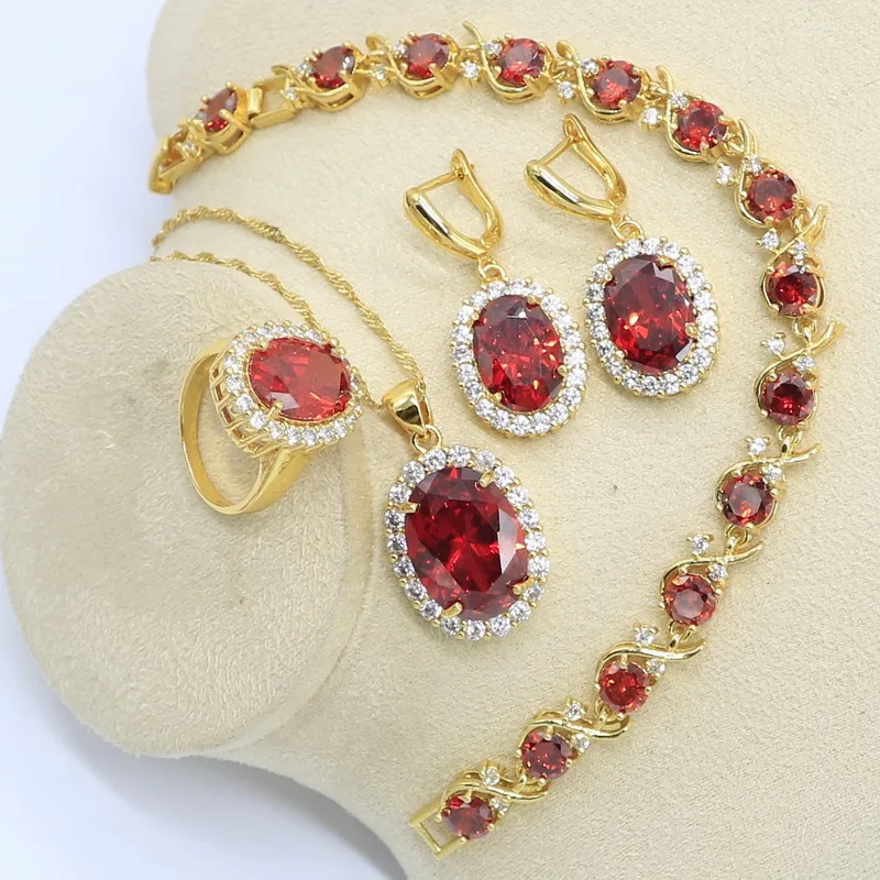 Набор украшений для женщин с красным цирконием геометрической формы набор