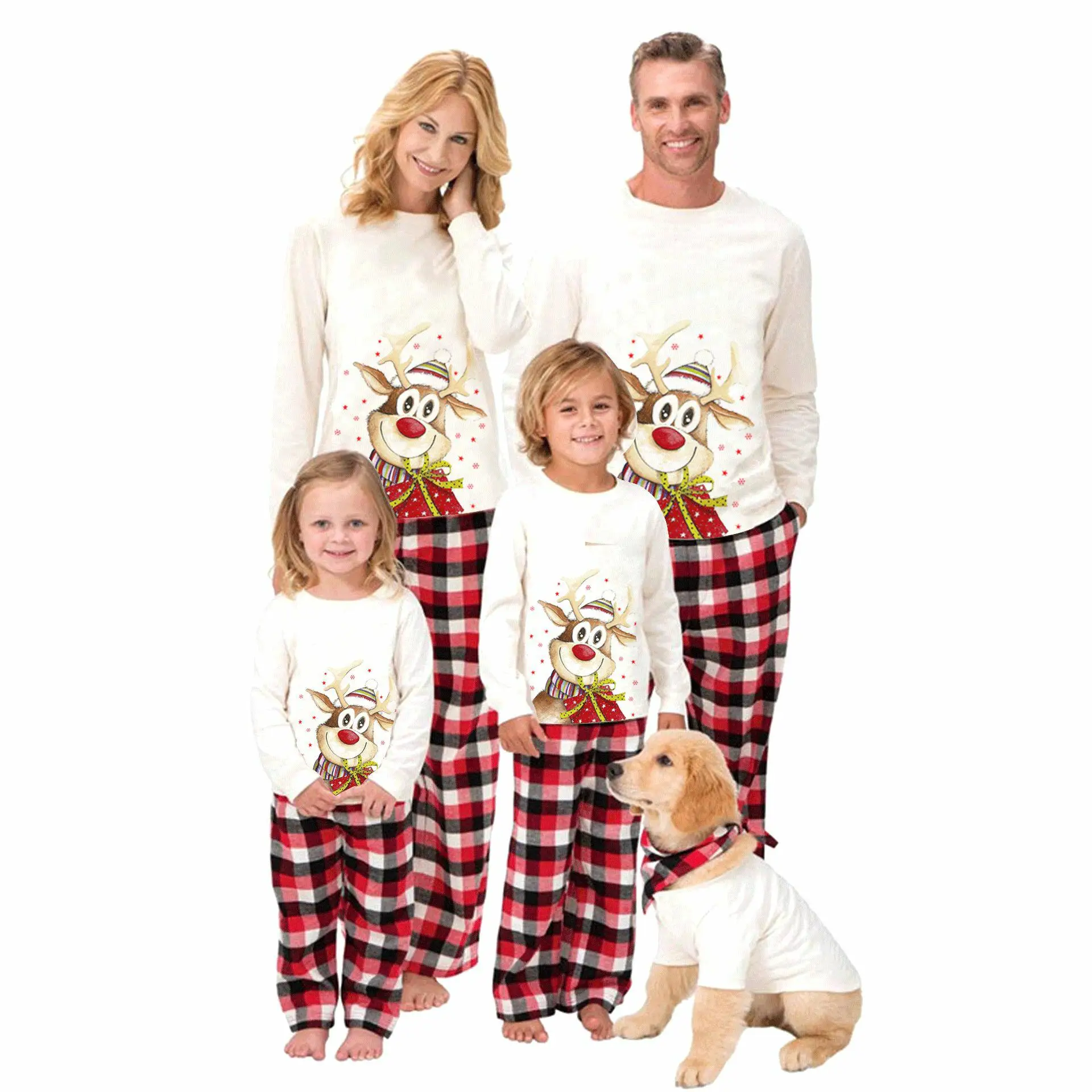 

Christmas Family Matching Pajamas Set Elk Print O-Neck Long Sleeve Tops Plaid Long Pants for Kids Adults