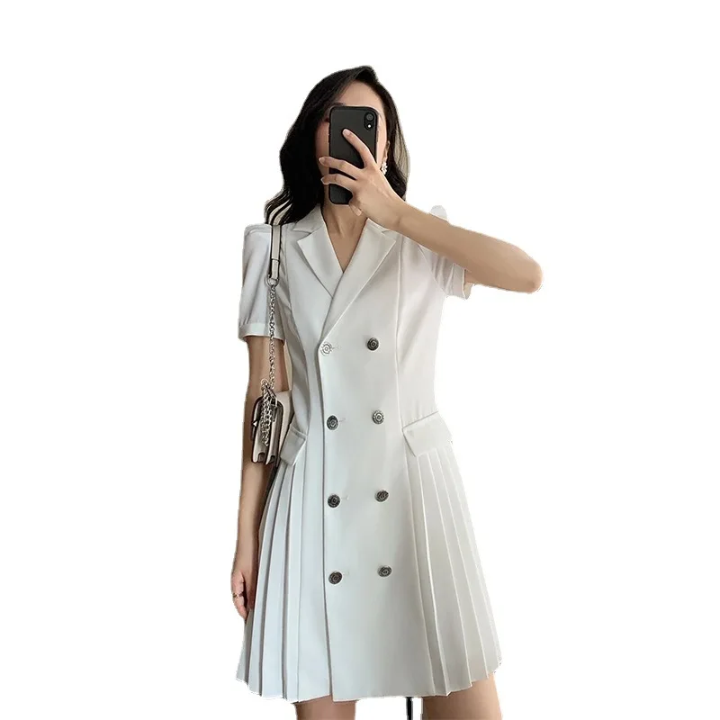 

Elegant White Office Lady Suit Dress 2021 Summer New Slim Waist Puff Short Sleeve Button Pleated Dress A-line Bodycon Mini Dress