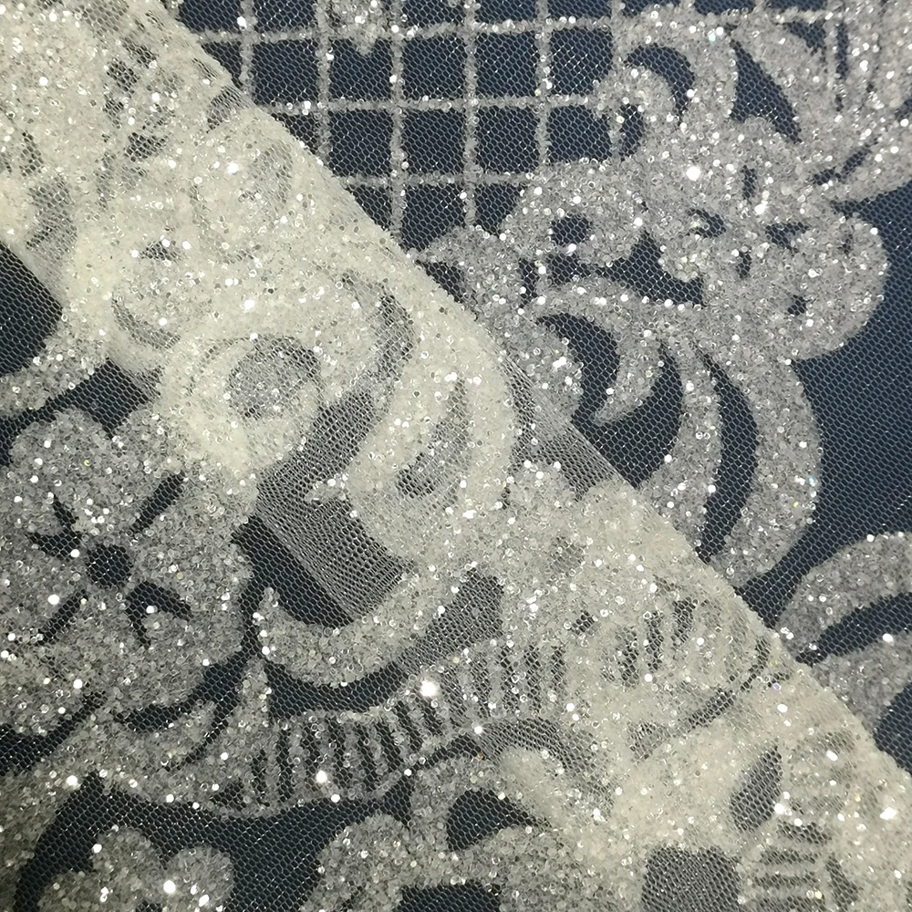 

Bridal High Quality French Transparent Tulle Mesh Lace Fabrics Silver Glitter White Sequin Fabric 5 Yards Swiss Voile for Dress