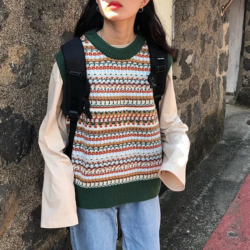 

2019 Autumn And Winter Korean Style Vintage Color Patchwork Knitted Sleeveless Vest Sweaters Womens Pullovers Womens