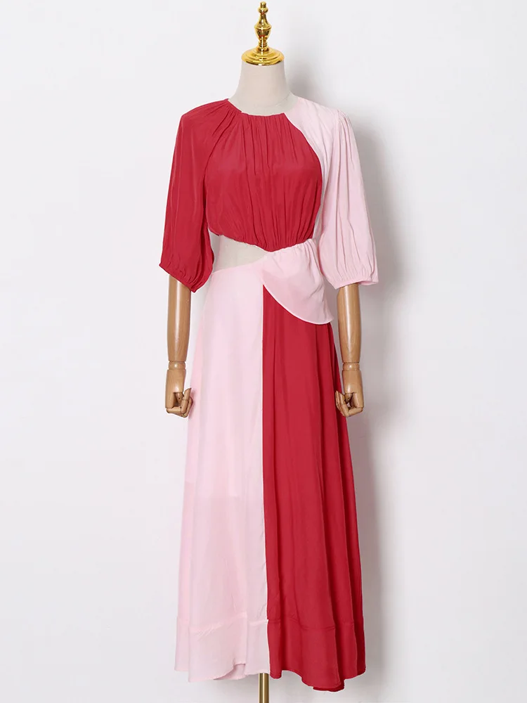 

HIGH QUALITY Newest 2021 Summer Fashion Small Design Contrast Color Stitching Irregular Round Neck Personalized Casual Dress