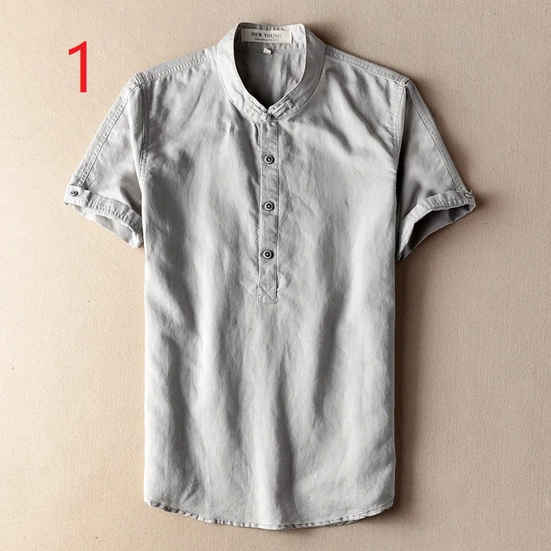 

Summer Men's Small Collar Button Cotton Short Sleeve T-Shirt Casual Chinese Style Linen Solid Color Half Sleeve Youth Shirt Thin