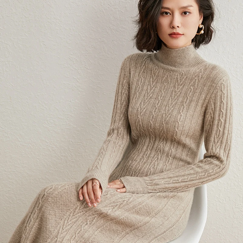 High-end New 100% Pure Cashmere Long Sweater Dress Women Sexy Knitted Dresses Female Fashion O-Neck Elasticity 7Colors Pullover