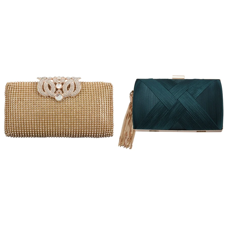 

2 Pcs Encrusted Evening Bag Clutch Purse Party Bridal Prom, Gold & Green