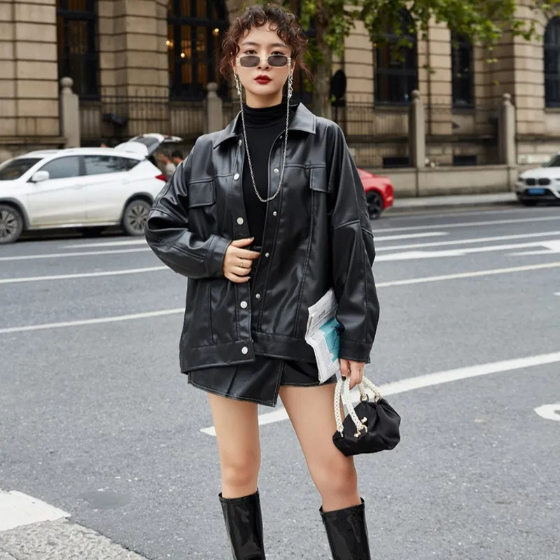 

2021 Auntum Fashion Wide-Waisted Pu Leather Jacket Vintage Harajuku High Street Streetwear Turn-Down Collar Women Outerwear