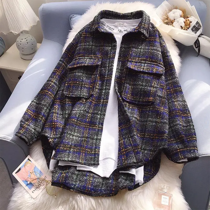 

Checked shirt women loose retro port flavor top 2021 spring version of the new Korean version of the long casual shirt jacket
