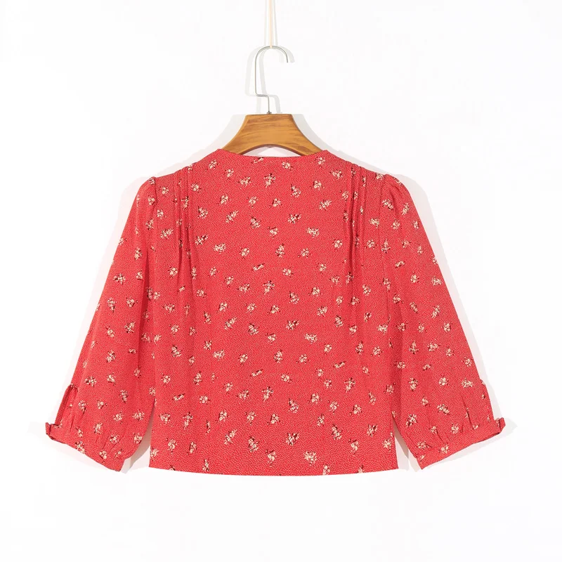 

Summer women's casual floral print V-neck short-sleeved slim-fit shirt