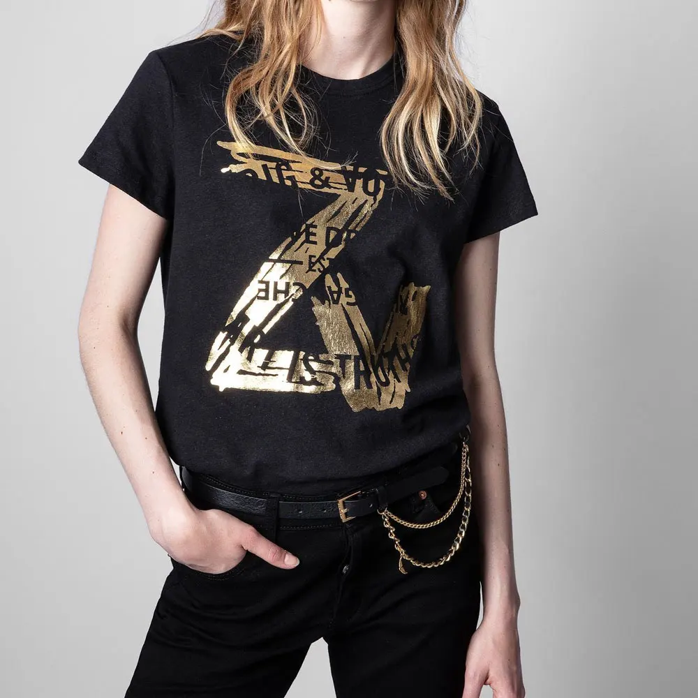 

Простая повседневная женская футболка, Классическая хлопковая Футболка с буквенным принтом, модная женская футболка с круглым вырезом и ко...