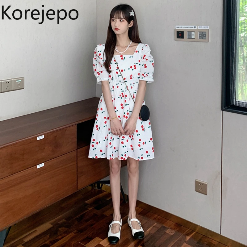

Korejepo Women Dress 2021 Summer Ladies French Square Neck Puff Sleeve Girly Feeling Platycodon First Love Sweet Floral Vestidos