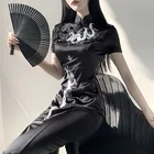 Прямая поставка, Чонсам в стиле ретро, черное готическое Бандажное платье средней длины с высокой талией, женское облегающее вечернее платье с коротким рукавом, приблизительно 3xl